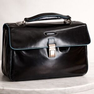Elegant Black Leather Briefcase with Blue Accents